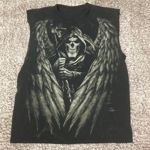Men’s L Grunge Grim Reaper Cut Out Tank Top Tee-Shirt